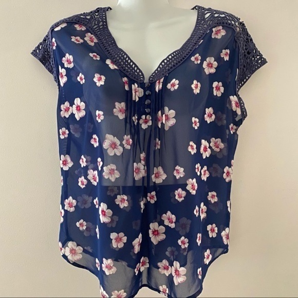 Candies Sheer navy blue blouse with flowers - Picture 1 of 5